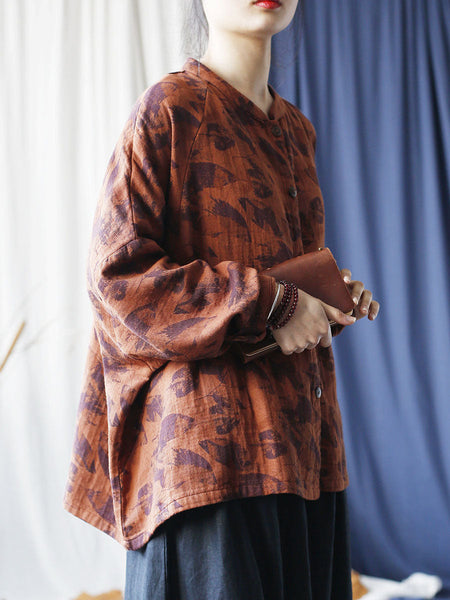 Women Autumn Artsy Leaf Stand Collar Cotton Coat AS1008 BUYKUD