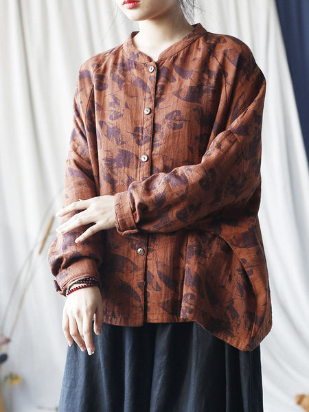 Women Autumn Artsy Leaf Stand Collar Cotton Coat AS1008 BUYKUD