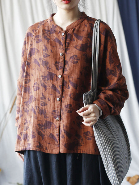 Women Autumn Artsy Leaf Stand Collar Cotton Coat AS1008 BUYKUD