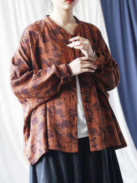 Women Autumn Artsy Leaf Stand Collar Cotton Coat AS1008 BUYKUD