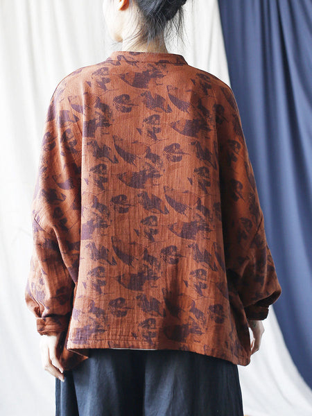 Women Autumn Artsy Leaf Stand Collar Cotton Coat AS1008 BUYKUD