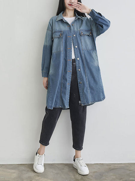 Women Autumn Casual Solid Pocket Denim Shirt Coat AS1001 YTLSFZ