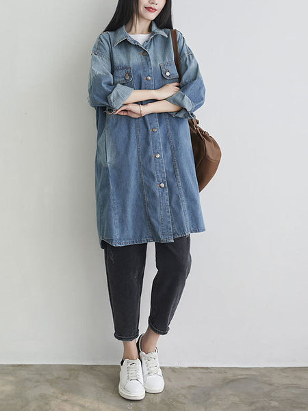 Women Autumn Casual Solid Pocket Denim Shirt Coat AS1001 YTLSFZ