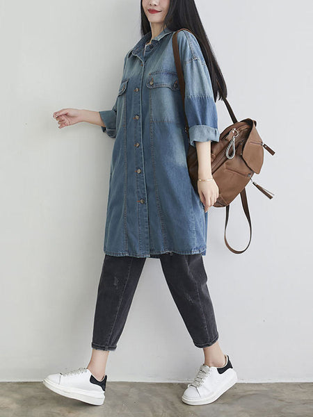 Women Autumn Casual Solid Pocket Denim Shirt Coat AS1001 YTLSFZ