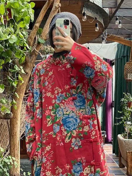 Women Ethnic Red Flower Slant Closure Cotton Padded Coat AI1015 JSHY