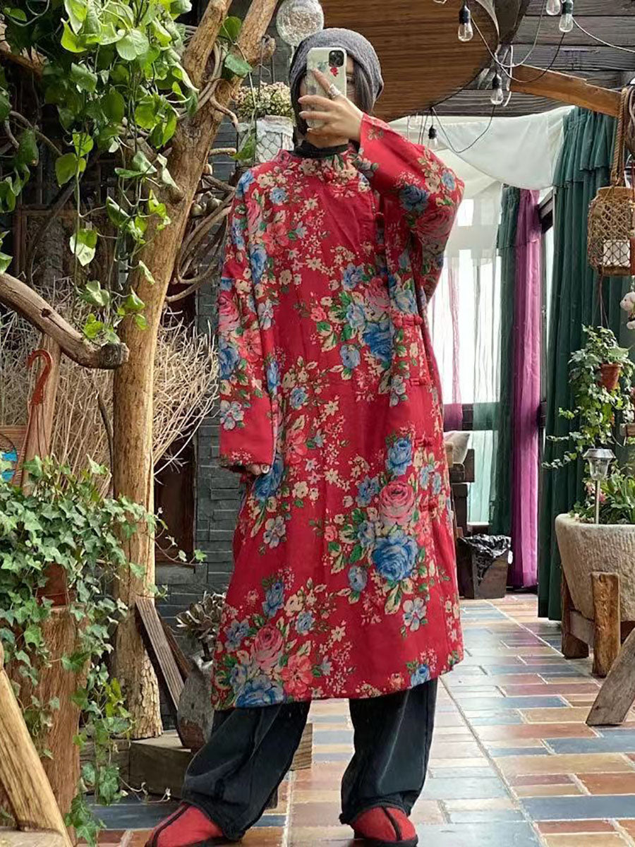 Women Ethnic Red Flower Slant Closure Cotton Padded Coat AI1015 JSHY
