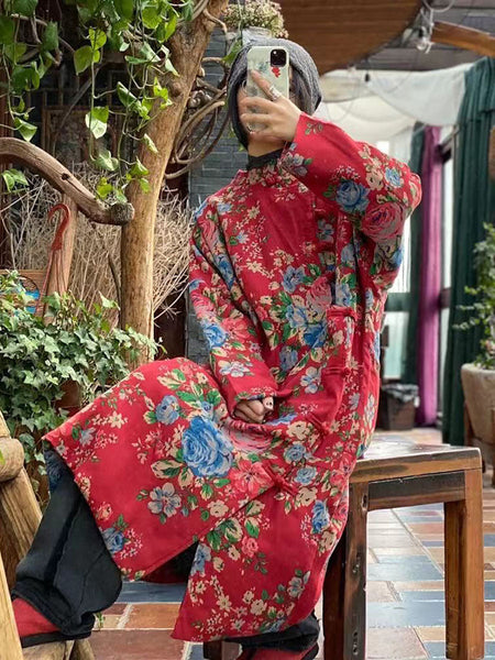 Women Ethnic Red Flower Slant Closure Cotton Padded Coat AI1015 JSHY