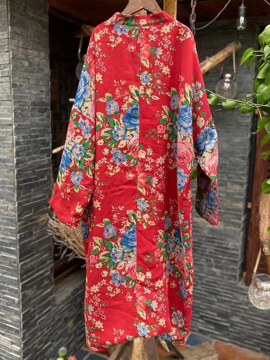 Women Ethnic Red Flower Slant Closure Cotton Padded Coat AI1015 JSHY
