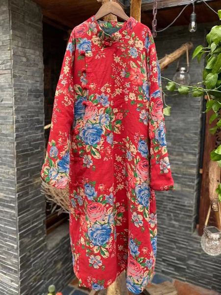Women Ethnic Red Flower Slant Closure Cotton Padded Coat AI1015 JSHY