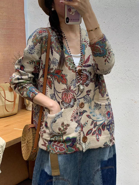 Women Autumn Flower Pocket V-Neck Knit Cardigan Sweater AI1056 BUYKUD