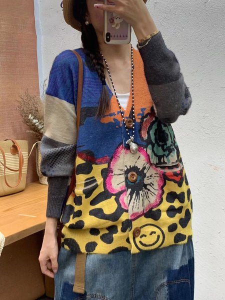 Women Autumn Flower Pocket V-Neck Knit Cardigan Sweater AI1056 BUYKUD