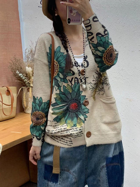Women Autumn Flower Pocket V-Neck Knit Cardigan Sweater AI1056 BUYKUD