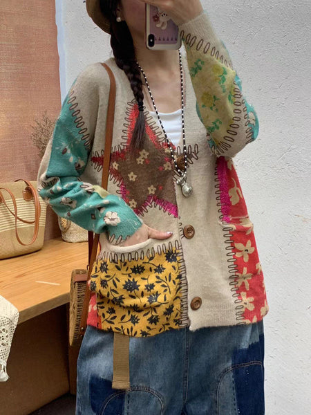 Women Autumn Flower Pocket V-Neck Knit Cardigan Sweater AI1056 BUYKUD