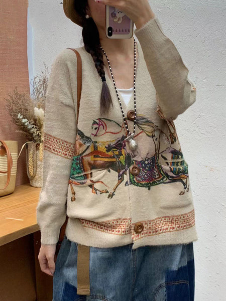 Women Autumn Flower Pocket V-Neck Knit Cardigan Sweater AI1056 BUYKUD
