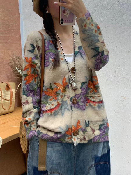 Women Autumn Flower Pocket V-Neck Knit Cardigan Sweater AI1056 BUYKUD
