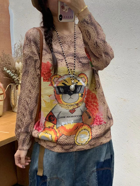 Women Autumn Casual Cartoon Print O-Neck Knit Sweater AI1069 BUYKUD