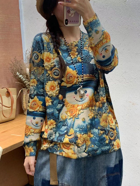 Women Autumn Casual Cartoon Print O-Neck Knit Sweater AI1069 BUYKUD