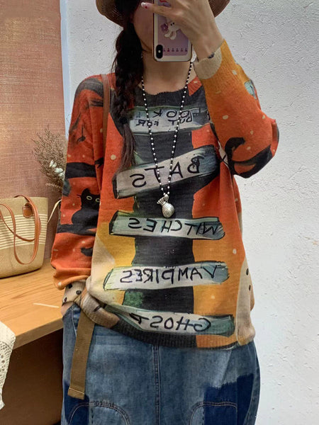Women Autumn Casual Cartoon Print O-Neck Knit Sweater AI1069 BUYKUD