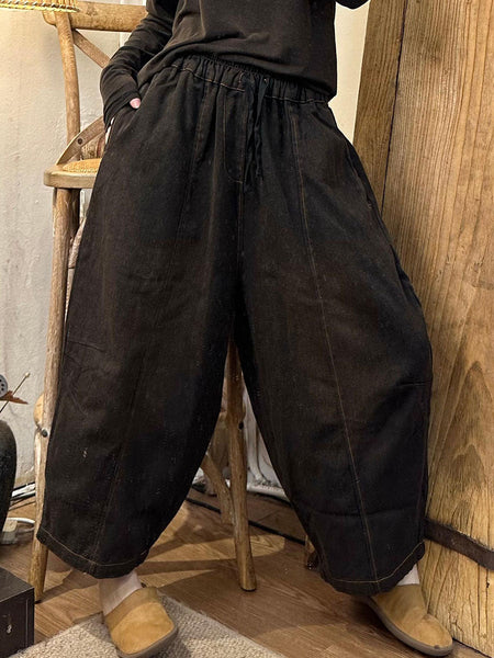 Women Casual Pockets Spliced Washed Denim Harem Pants AI1024 BK
