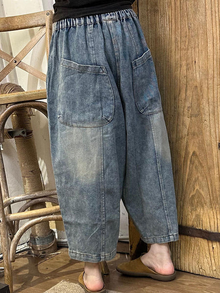 Women Casual Pockets Spliced Washed Denim Harem Pants AI1024 BK