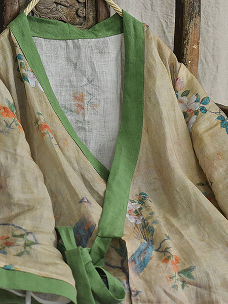 Women Ethnic Floral V-Neck Colorblock Strap Ramie Blouse AI1018 QYMM