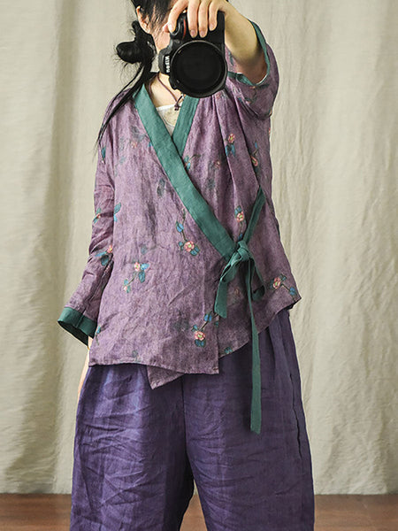 Women Ethnic Floral V-Neck Colorblock Strap Ramie Blouse AI1018 QYMM