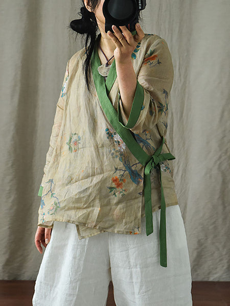 Women Ethnic Floral V-Neck Colorblock Strap Ramie Blouse AI1018 QYMM