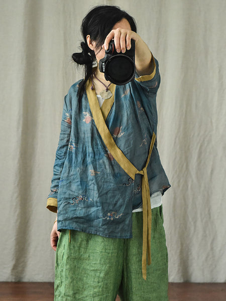 Women Ethnic Floral V-Neck Colorblock Strap Ramie Blouse AI1018 QYMM