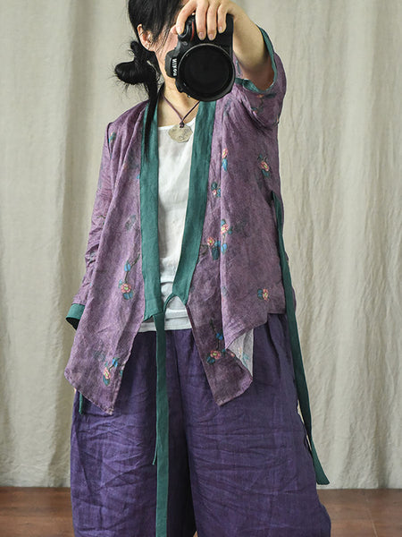 Women Ethnic Floral V-Neck Colorblock Strap Ramie Blouse AI1018 QYMM