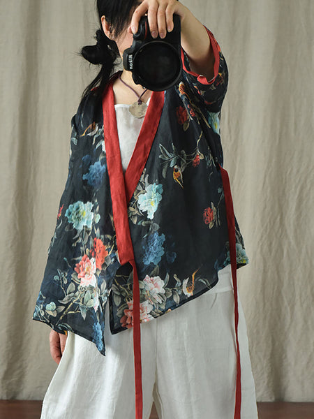 Women Ethnic Floral V-Neck Colorblock Strap Ramie Blouse AI1018 QYMM