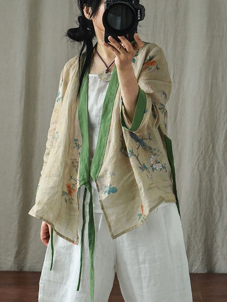 Women Ethnic Floral V-Neck Colorblock Strap Ramie Blouse AI1018 QYMM