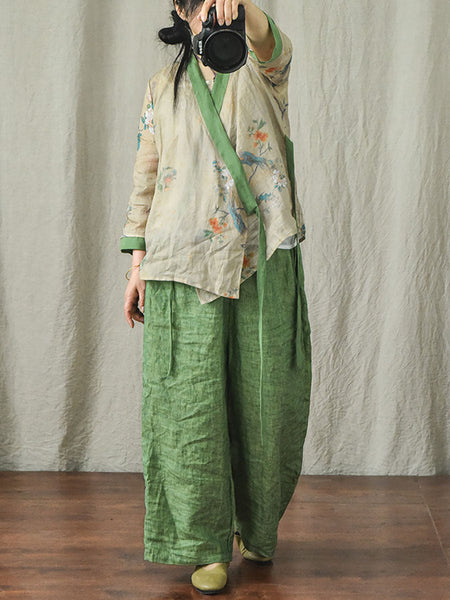 Women Ethnic Floral V-Neck Colorblock Strap Ramie Blouse AI1018 QYMM