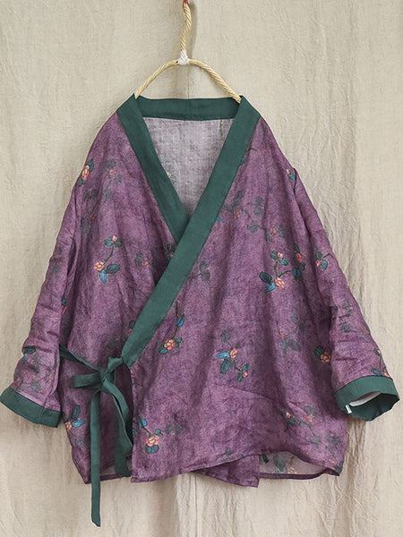 Women Ethnic Floral V-Neck Colorblock Strap Ramie Blouse AI1018 QYMM