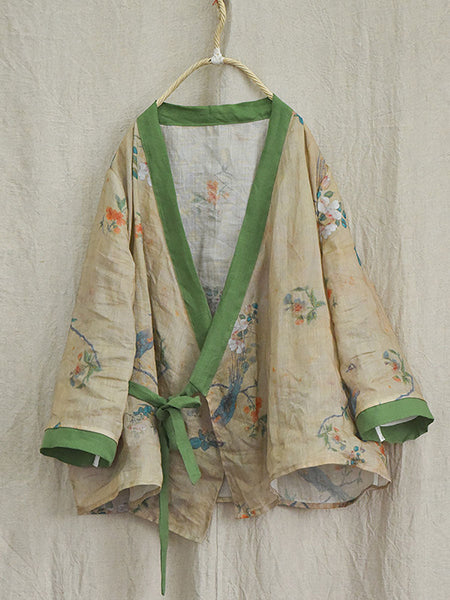 Women Ethnic Floral V-Neck Colorblock Strap Ramie Blouse AI1018 QYMM