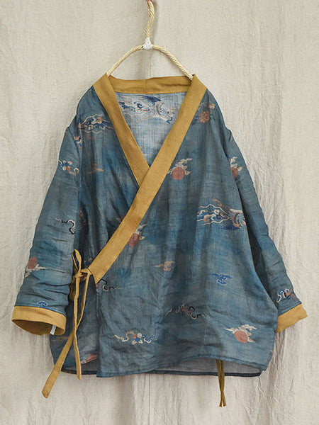 Women Ethnic Floral V-Neck Colorblock Strap Ramie Blouse AI1018 QYMM