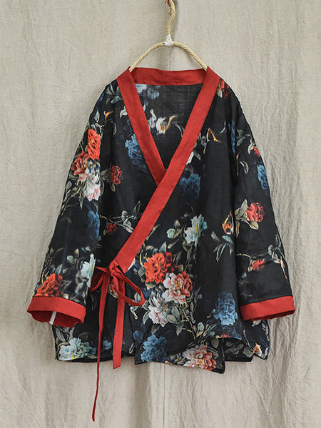 Women Ethnic Floral V-Neck Colorblock Strap Ramie Blouse AI1018 QYMM