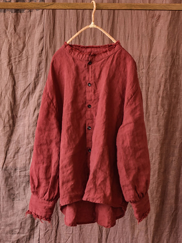 Women Autumn Vintage Button Raw-edge Linen Blouse AI1044 QYMM