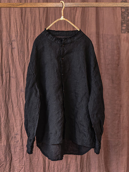 Women Autumn Vintage Button Raw-edge Linen Blouse AI1044 QYMM