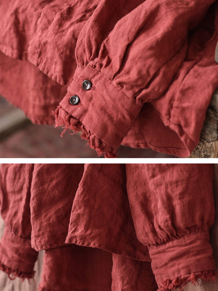 Women Autumn Vintage Button Raw-edge Linen Blouse AI1044 QYMM