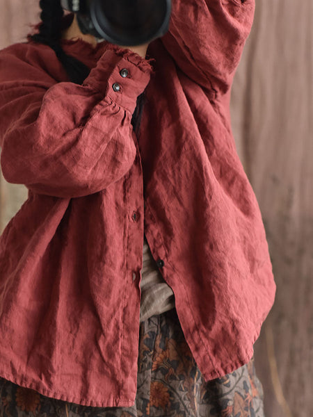 Women Autumn Vintage Button Raw-edge Linen Blouse AI1044 QYMM