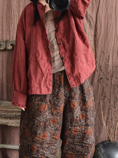 Women Autumn Vintage Button Raw-edge Linen Blouse AI1044 QYMM