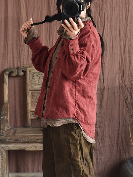 Women Autumn Vintage Button Raw-edge Linen Blouse AI1044 QYMM