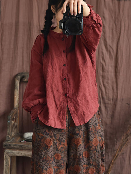 Women Autumn Vintage Button Raw-edge Linen Blouse AI1044 QYMM