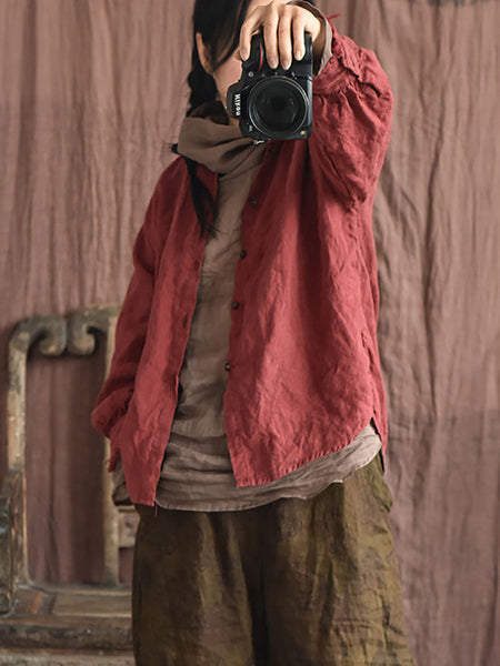 Women Autumn Vintage Button Raw-edge Linen Blouse AI1044 QYMM