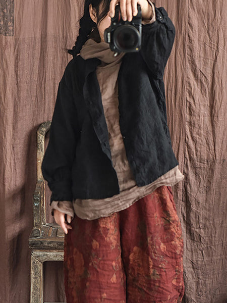 Women Autumn Vintage Button Raw-edge Linen Blouse AI1044 QYMM