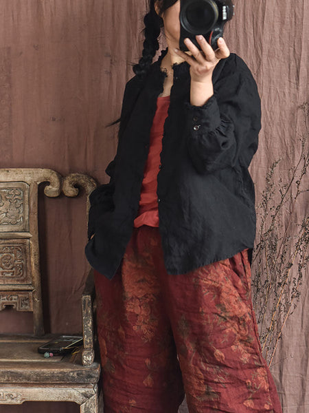 Women Autumn Vintage Button Raw-edge Linen Blouse AI1044 QYMM