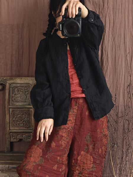 Women Autumn Vintage Button Raw-edge Linen Blouse AI1044 QYMM