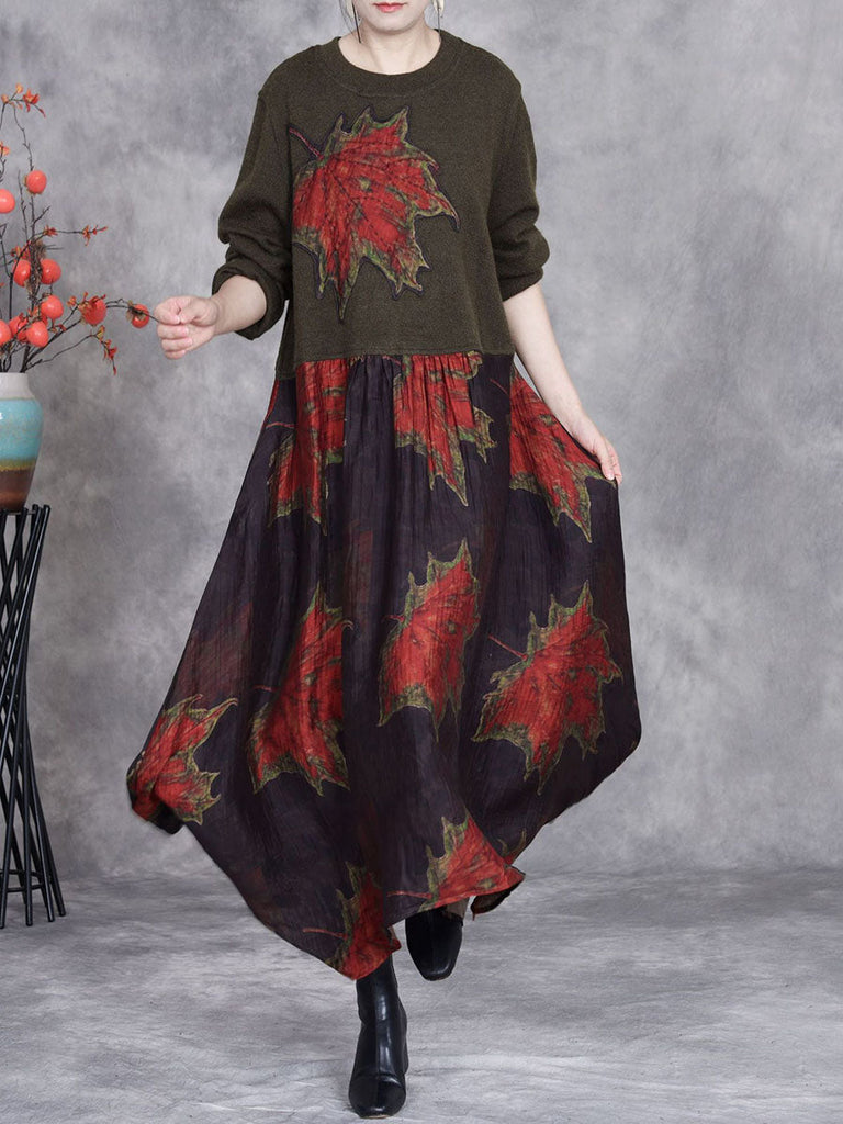 Women Autumn Maple Leaf Irregular Hem O-Neck Loose Dress AI1054 BUYKUD