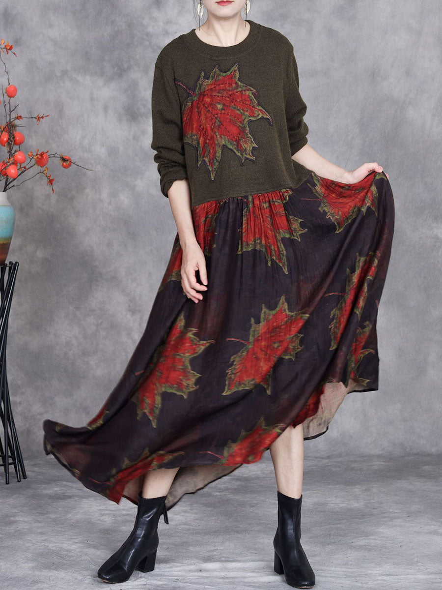 Women Autumn Maple Leaf Irregular Hem O-Neck Loose Dress AI1054 BUYKUD