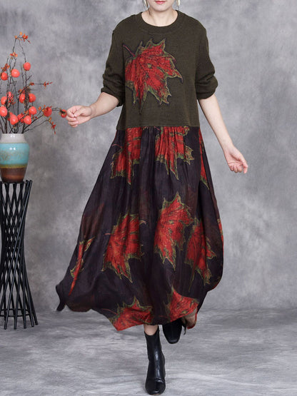 Women Autumn Maple Leaf Irregular Hem O-Neck Loose Dress AI1054 BUYKUD
